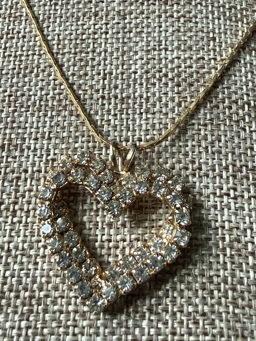 Vintage Rhinestone Double Heart Pendant Necklace Gold Tone Love 17” Valentine